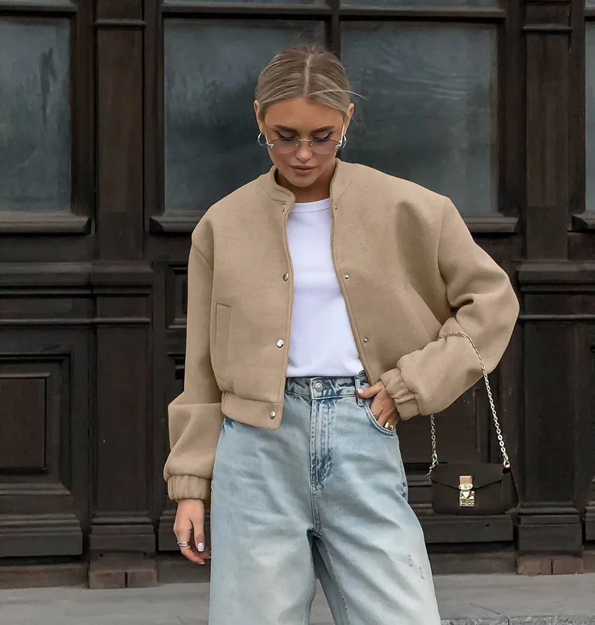 Autumn winter Bomber jacket fashion khaki thick standing collar woolen coat European Single Breasted Long Sleeve Coat Women