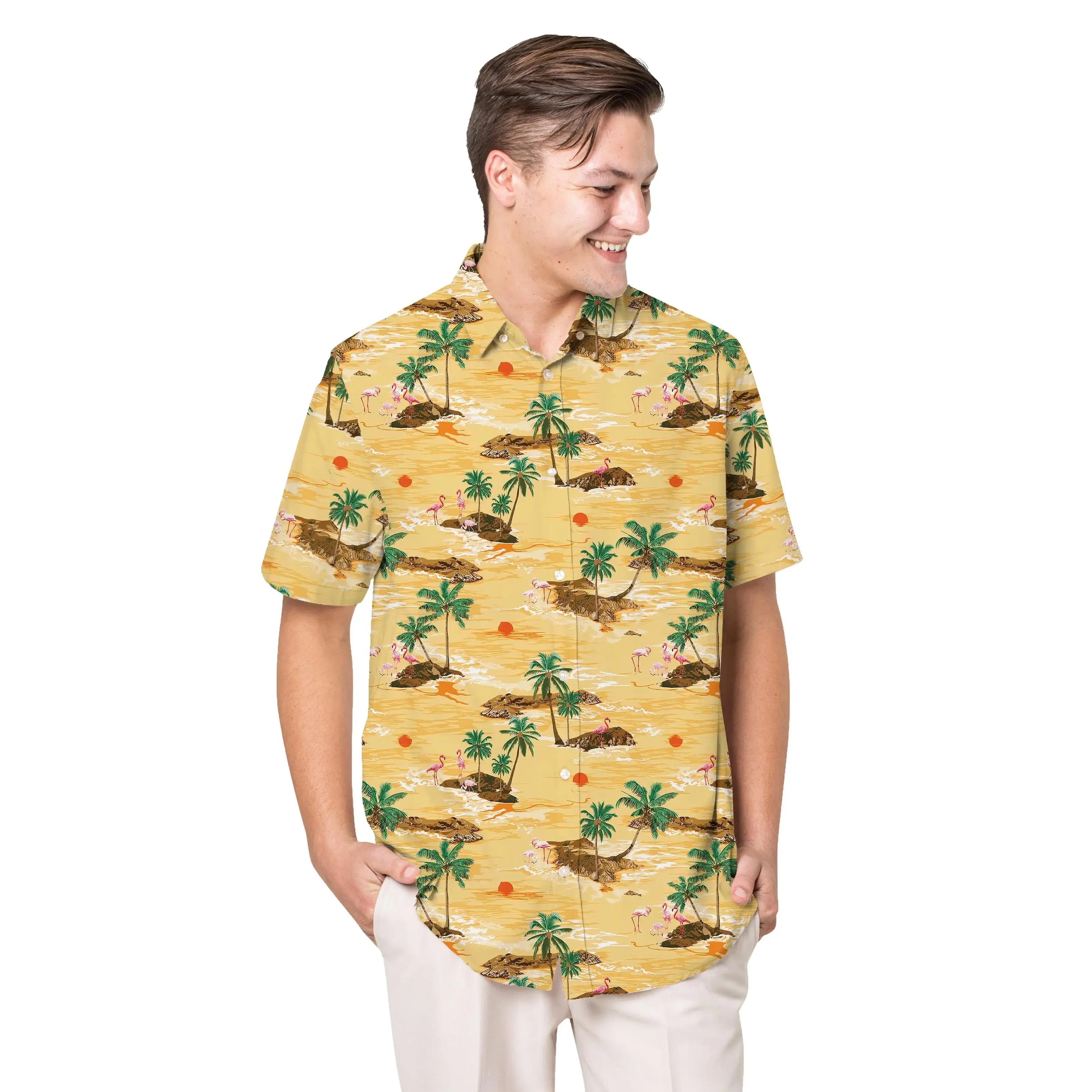 Jumeast Flamingo Pattern Hawaiian Shirt Beach Scenery Graphics Polyester Aloha Shirts Tropical Baggy Casual Yellow Man Clothing