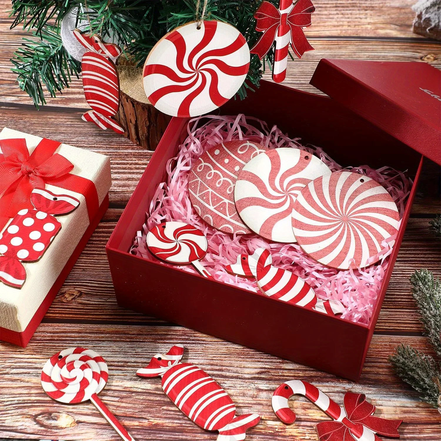 20pcs Christmas Red Candy Wooden Set Gift Decoration Pendant Christmas Tree Fireplace Window Pendant Christmas Party Supplies