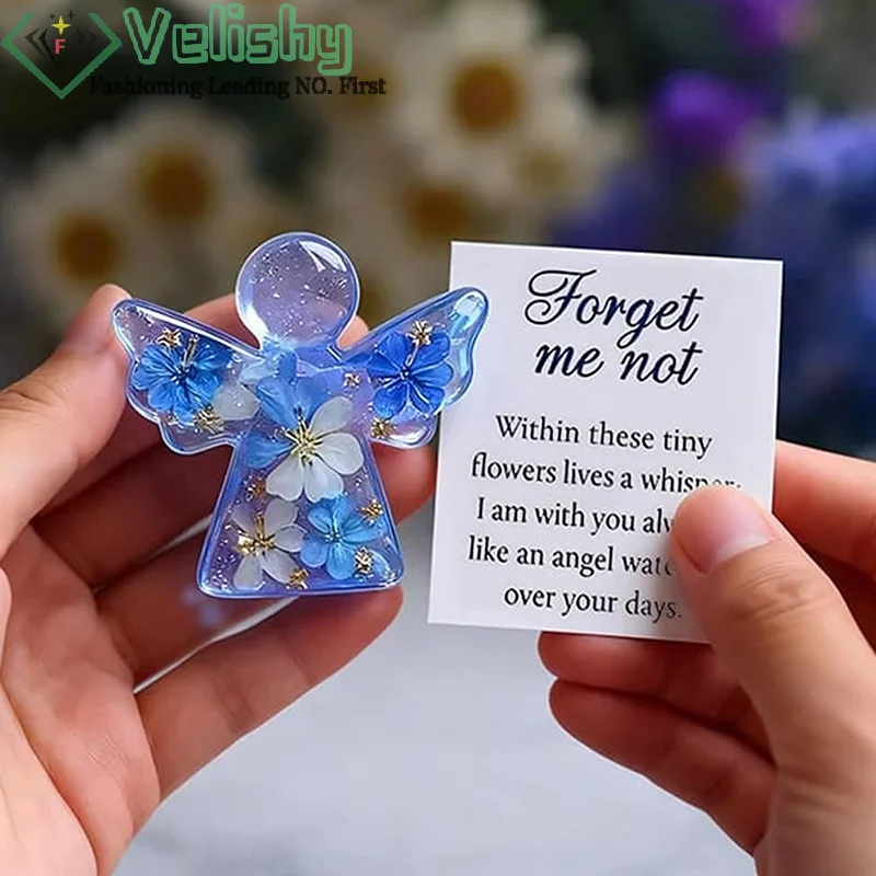 Gran oferta, recuerdo de Ángel de flores no secas, mini estatuilla de ángel guardián de resina con bolsa de Organza y tarjeta de simpatía