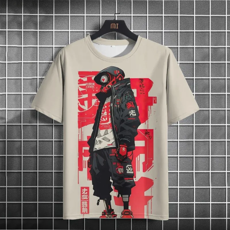 

2025 Summer Japanese Men's T-shirt Mechanical Character Pattern T-shirt Round Neck Short Sleeve Printed T-shirt Outdoor Extra La