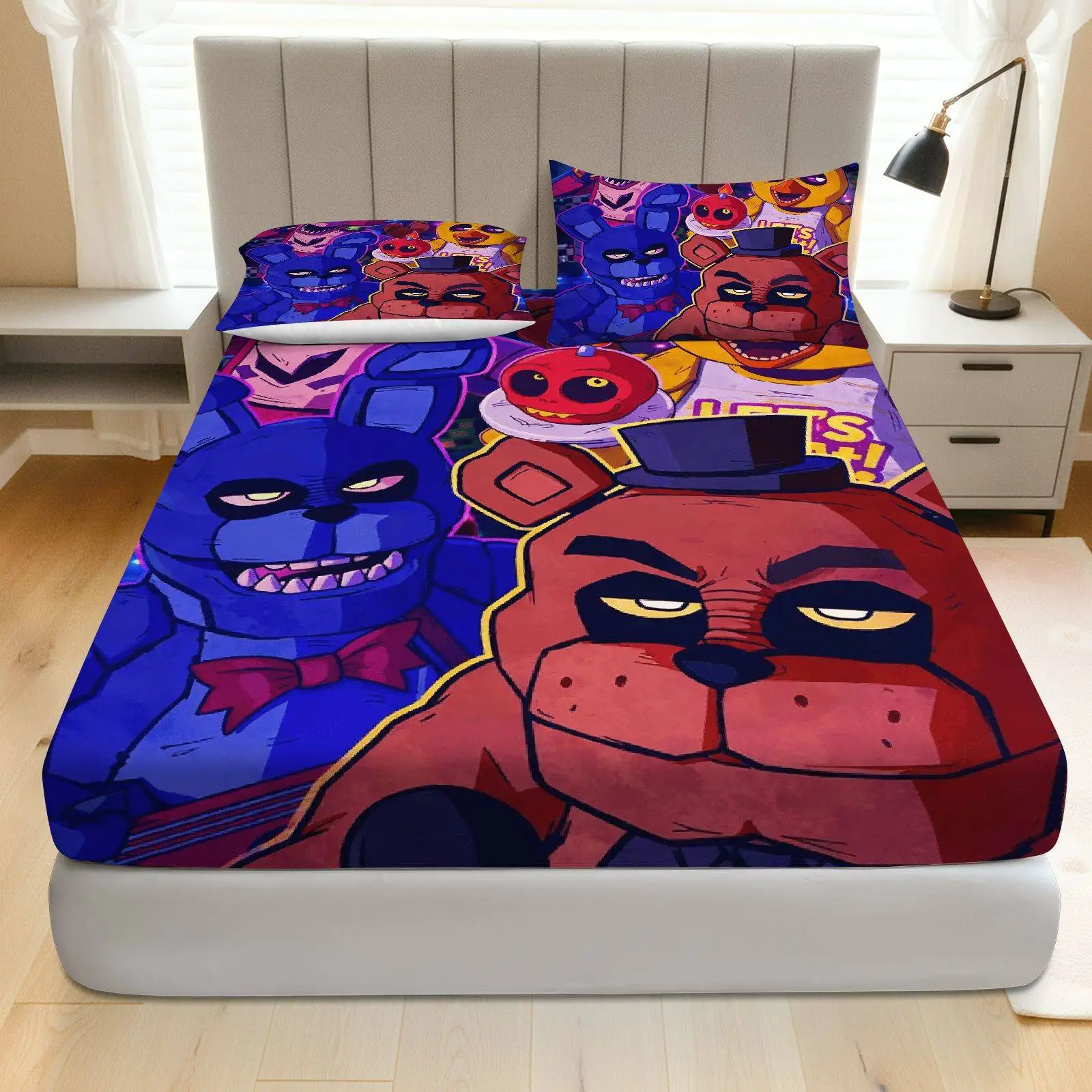Three-piece fitted sheet set, digital print fitted sheet set, horror game character themed bedding for Halloween (includes 1 fitted sheet + 2 pillowcases), 3-piece set, large-capacity deep pocket 2D printed fitted sheet and 2 pillowcases, bedding mattress protector, fitted elastic style, protective cover, mattress protector, suitable for all seasons, machine washable design, holiday decoration, various sizes, breathable