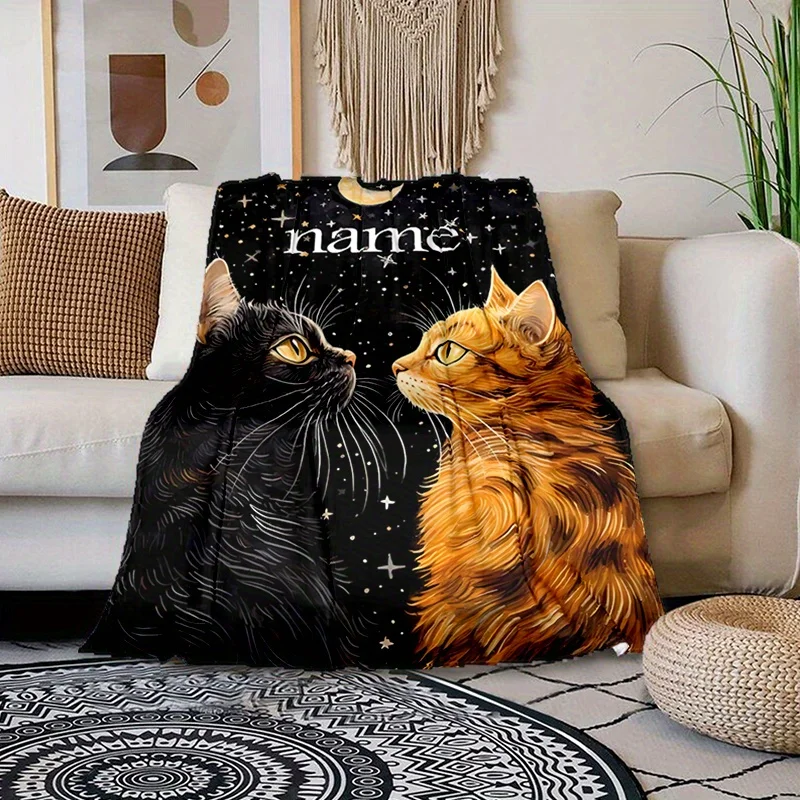 A personalized polyester flannel blanket with customizable names, featuring black and orange cats, thick weaving, all season sof