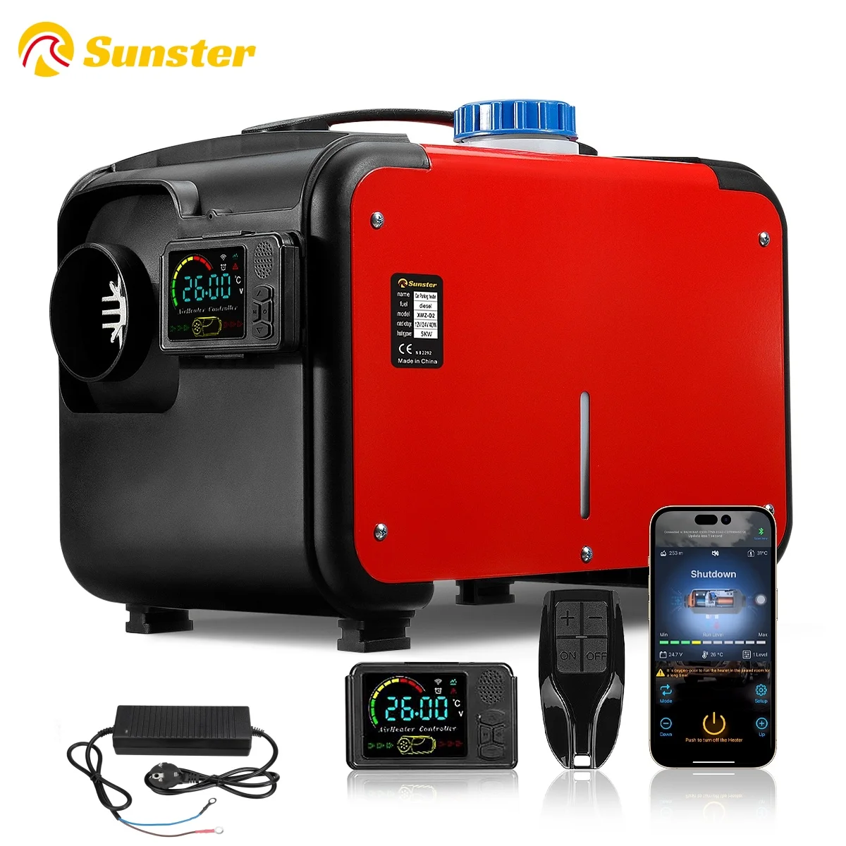 Sunster-calentador de aire diésel de 5KW, 12V/24V/220V, con aplicación LCD Bluetooth, con adaptador de potencia de AC-DC, silenciador de calentador