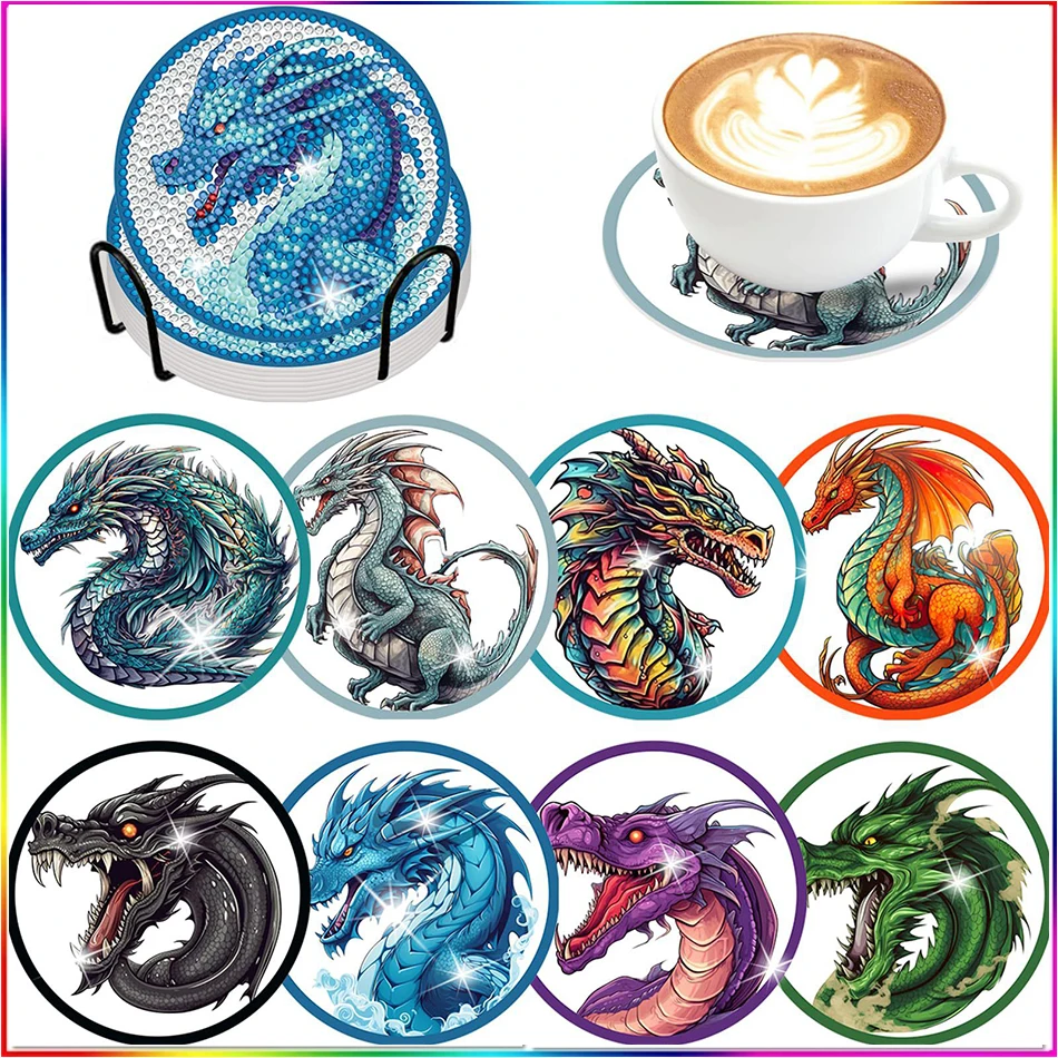 

SDOYUNO Diamond Painting Coasters Kits 5D Dragon Animal Drinks DIY Coaster Diamond Art Kits For Adults Kids Beginners 8pc/sets