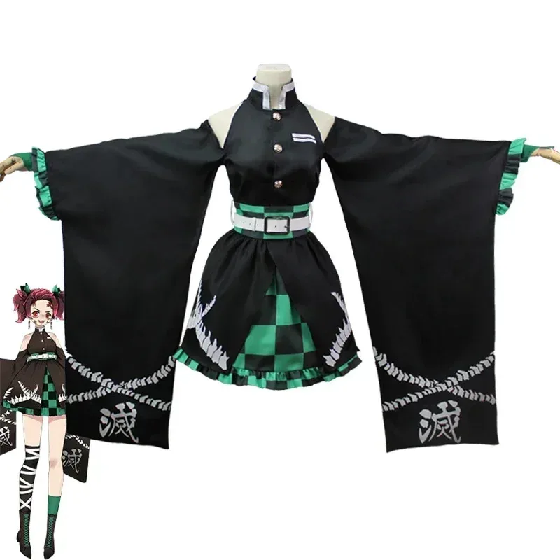 

Tanjiro Kamadou Female Dress Anime Demon Slayer Kimetsu no Yaiba Sumiko Cosplay Costume Women Girls Black Dress Queen Outfit