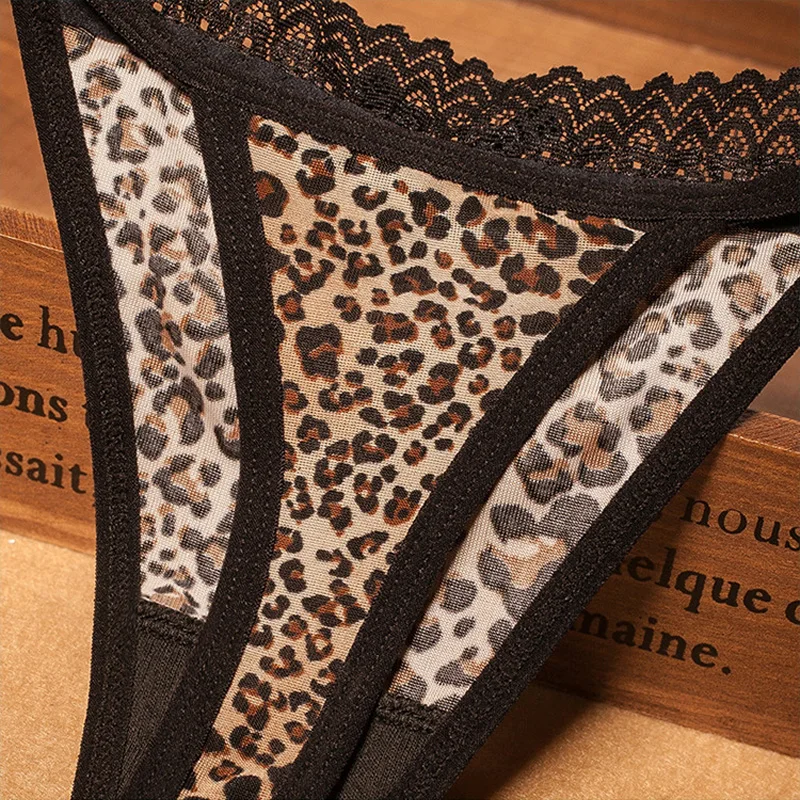 Womens Leopard Panties Sexy Lace Bow Lingerie Female Thongs Panties Breathable Briefs Pantys Mesh Sheer Underwear Underpants