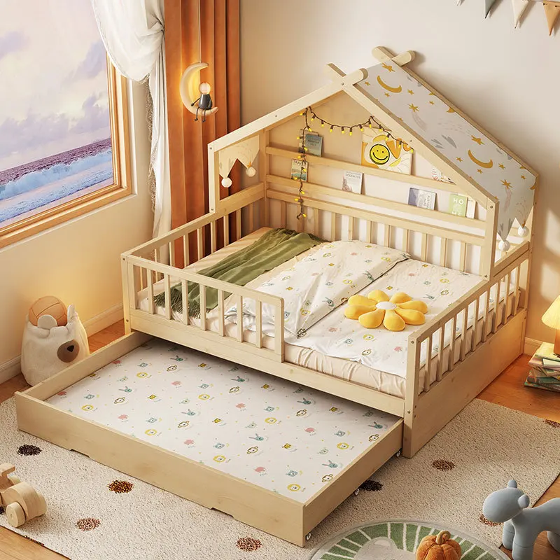 Letto da principessa per ragazza Be D per bambini in legno massello completo piccolo con rimorchio guardrail per uso domestico letto singolo per bambini casa sull'albero per ragazzi Be D