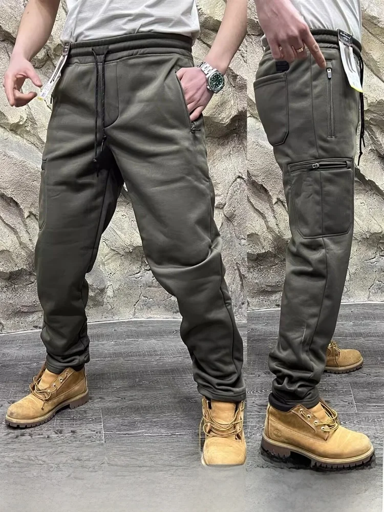 

Thiened Fce Lined Knitted Work Trousers Qui Dry Warm Elastic Outdoor Casual Multi kets Men's Autumn Winter Long Pants