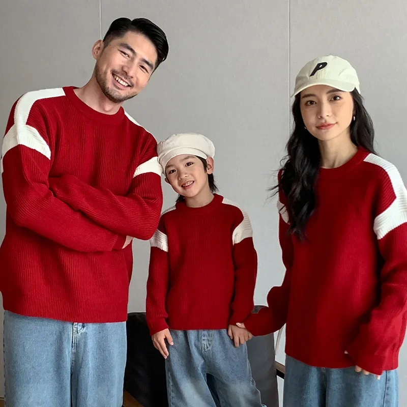 Family Christmas Red Sweater Mother and Daughter Fashion Knitted Jumper New Year 2024 Father and Son Matching Knitwear Pullover