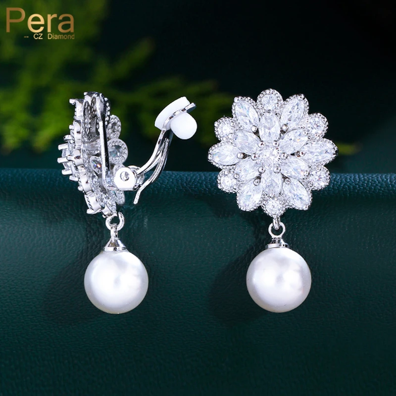 Pera-pendientes de Zirconia cúbica para mujer, aretes elegantes y brillantes con perlas, sin perforación, joyería de fiesta diaria, regalo, E362
