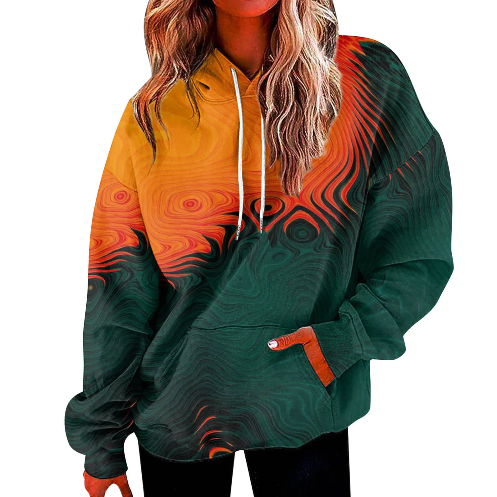 Women's Autumn And Winter Loose Sweatshirt Hoodie Casual Colorful Long Sleeve Gradient Printed Drawstring Pullover With Pockets