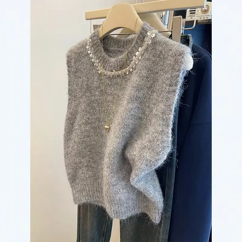 الوردي الترتر الكورية محبوك سترة المرأة بلايز س الرقبة الصلبة تانك Mujer دي مودا 2025 صيف جديد موضة الإناث أكمام رداء علوي غير رسمي