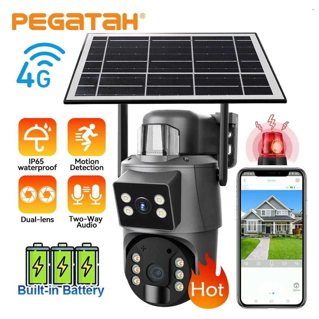 

PEGATAH 4G/WiFi Solar Camera Dual Lenses Outdoor 8MP 4K Low Power Battery IP Camera PIR Night Vision PTZ CCTV Cam