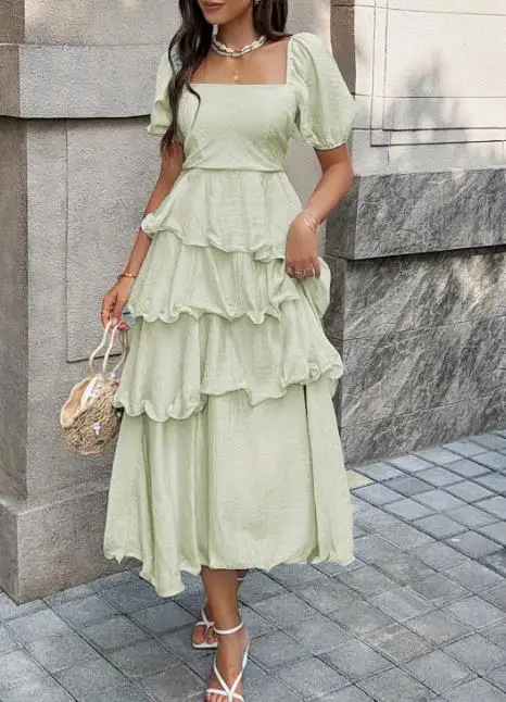 Vestidos Femininos 2026 Primavera Verão Novo Vestido Longo Casual de Cor Sólida com Decote Quadrado, Manga Bufante, Cintura Alta e Costas Abertas em Camadas