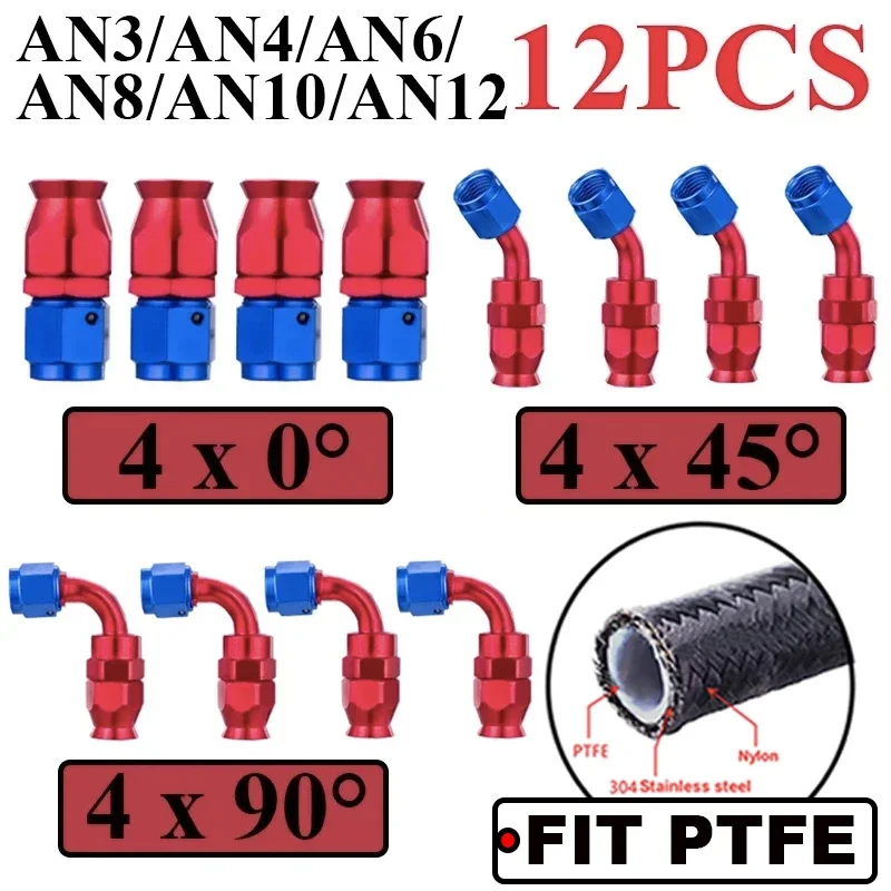 12Pcs AN3 AN4 AN6 AN8 AN10 AN12 Straight 0 45 90 Degree Reusable Hose End Fittings Adapter For Swivel PTFE E85 Oil Fuel Line