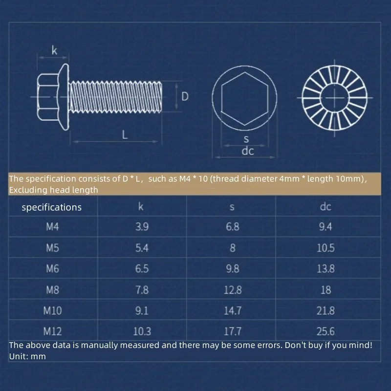 Hex Bolt M4 M5 M6 M8 M10 M12 304 Stainless Steel External Hex Outer Hexagon Head Flange Cap Screw with Serrated Washer