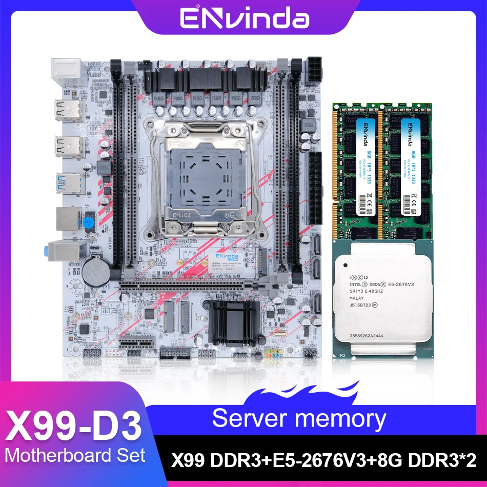 ENVINDA X99 DDR3 motherboard set LGA2011-3 E5 2676V3 16GB DDR3（2*8GB） REG ECC memory cpu combo kit PCI-16 USB3.0 NVME M.2 Server