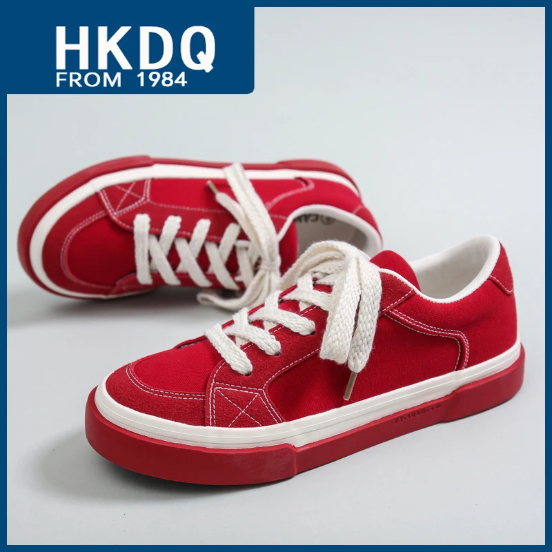 

HKDQ Original Red Vulcanized Shoes Men Summer Breathable Comfy Men's Canvas Shoes Fashion Casual Low Lace-up Urban Man Sneakers