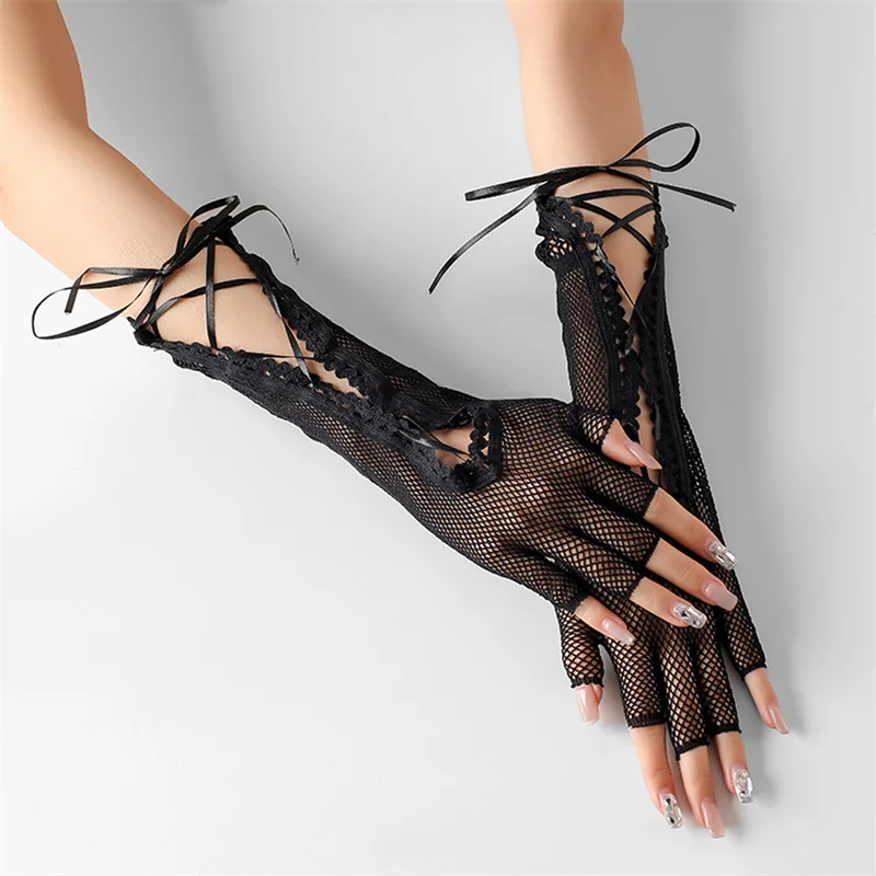 

Half Finger Gloves Female Fingerless Glove Fishnet Elastic Hollow Cross Ribbon Gloves Sexy Punk Rock Stage Party Costume Mittens