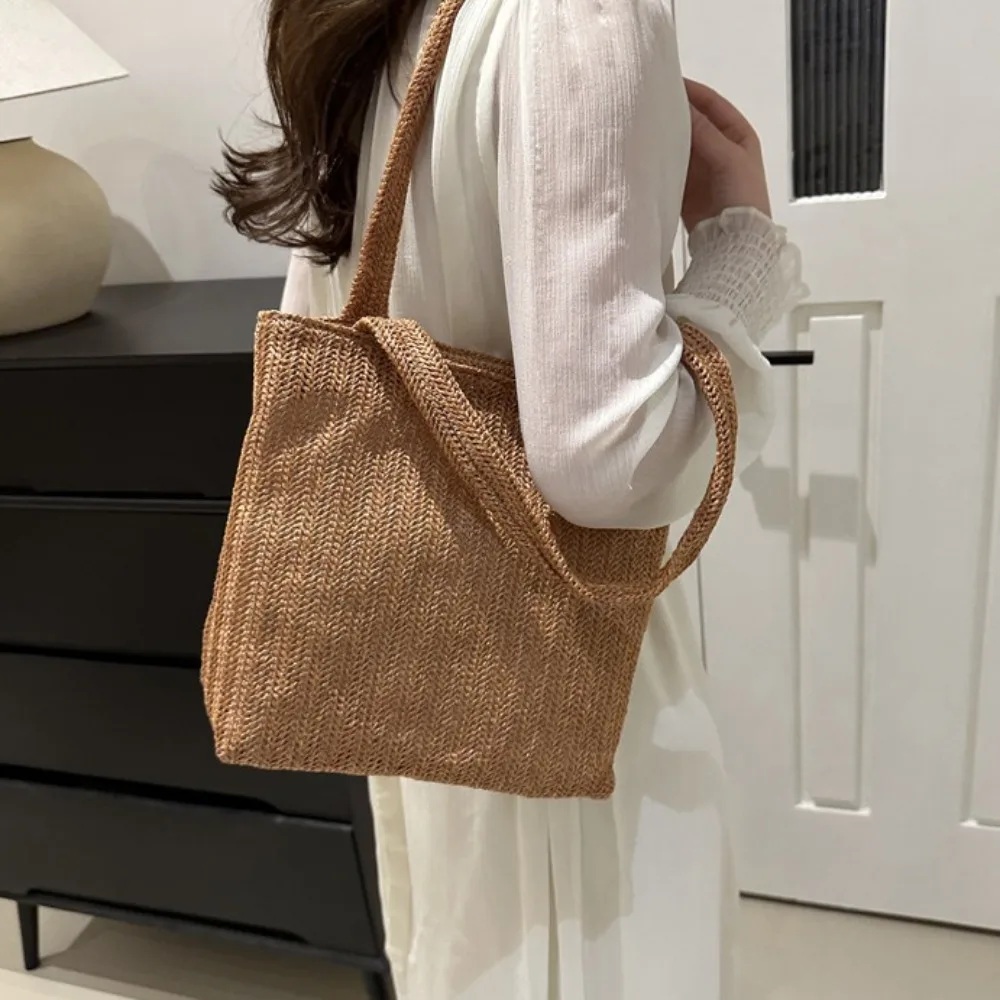 

Soft Polyester Straw Tote Purses Magnetic Button Korean Style Woven Shoulder Bag Lightweight Solid Large Capacity Handbag Women