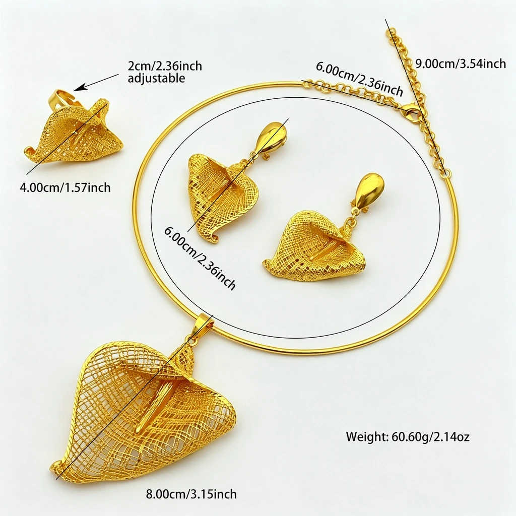 Luxuriöse eritreische Brautschmuck-Sets mit Halskette und Ohrringen für Frauen, Dubai, 24k Goldfarben-Anhänger-Set, Hochzeitsgeschenke – Detail 5