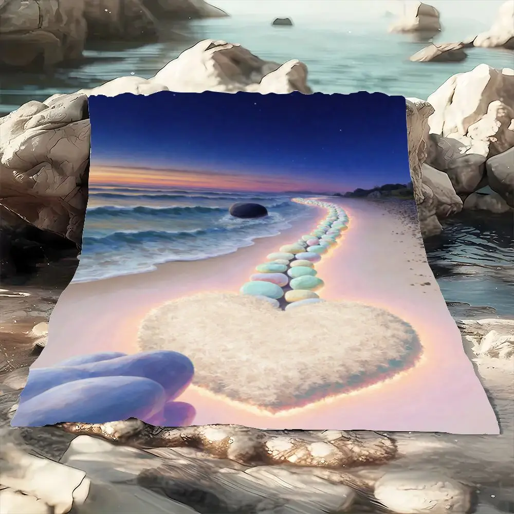 Cetakan Seni Pemandangan Pantai Senja yang Menawan - Gelombang Laut Surreal dengan Jalur Batu Pastel yang Bercahaya, Formasi Berbulu Berbentuk Hati & Putih