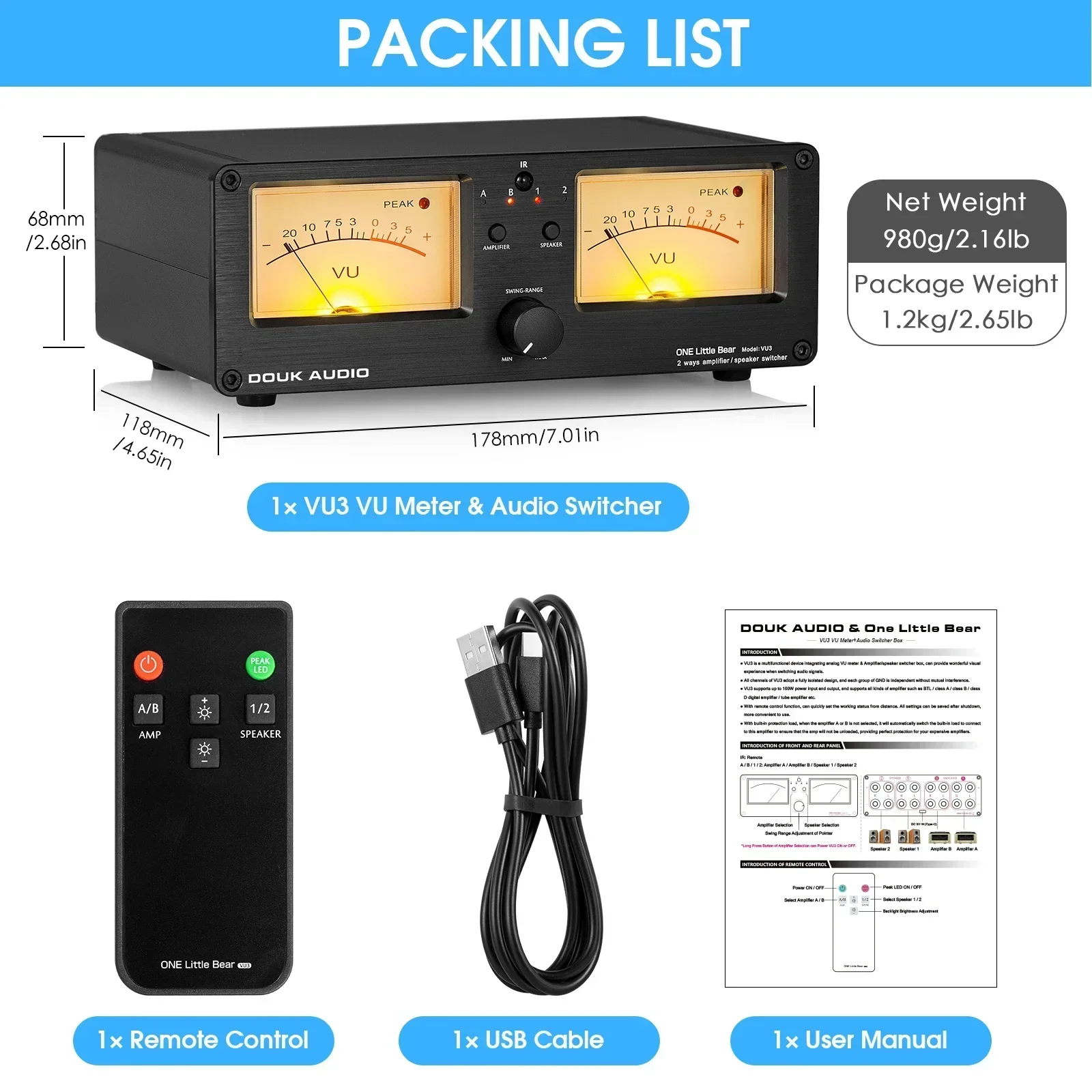 New! Audio Dual Analog VU Meter Sound Level DB Panel Display 2-way Amplifier / Speaker Switcher Box Selector W/ Remote Control