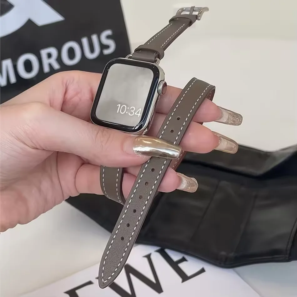 

Кожаный ремешок для Apple iWatch Series 11, 10, 9, 8, 7, 6, 5, 4, 3 SE Ultra 3/2, ремешок 38/40/41/42/44/45/46/49 мм, двухконтурный браслет