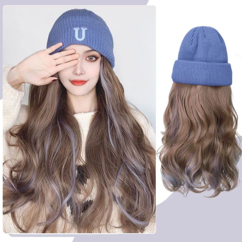 Synthetic long wave hat wig with blue Knitted hat black hair highlight smoke blue hair 18inch  Hat and wig all in one