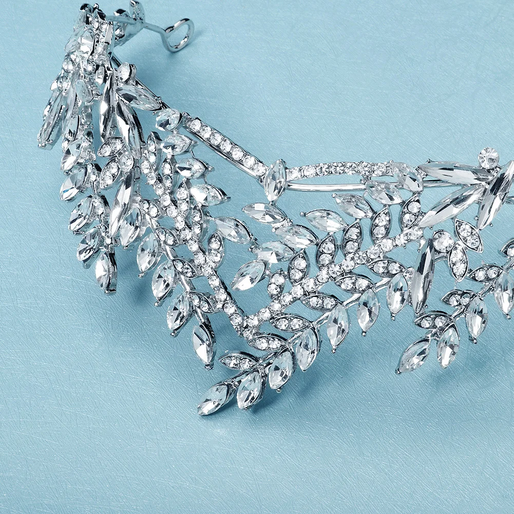 Vintage Silver Leaf Crystal Tiara Rhinestone Bridal Crown Wedding Hair Accessories for Women Prom Evening Party Gatsby Headpiece view 5