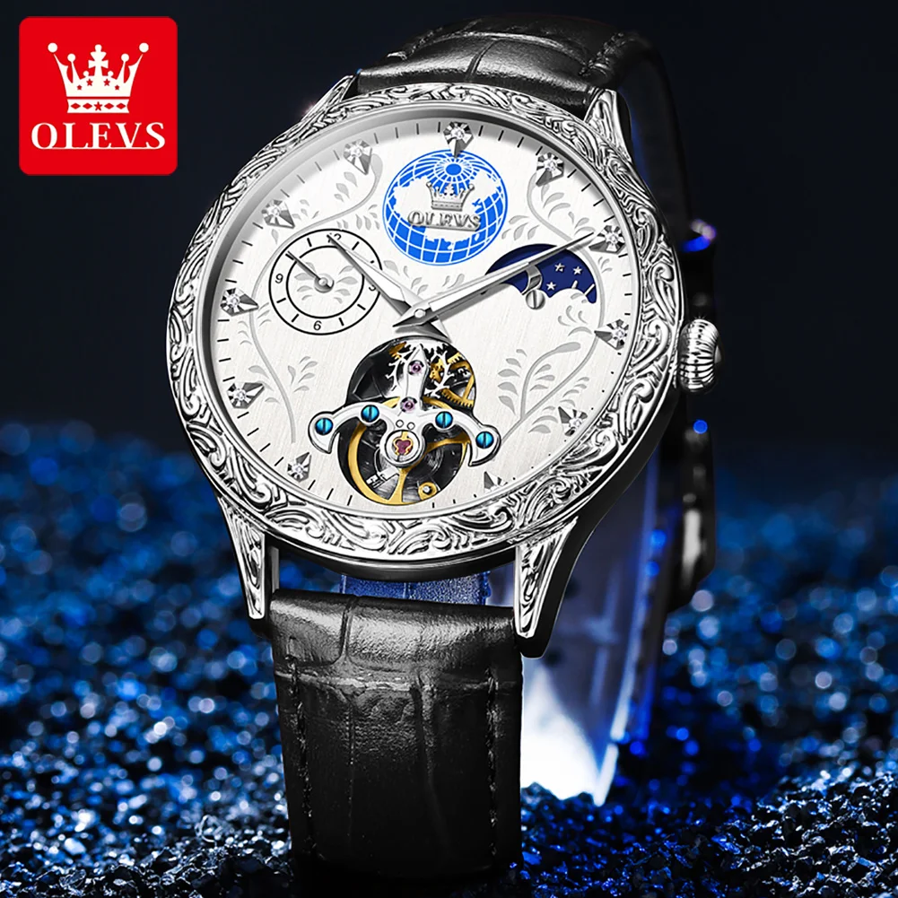 OLEVS Brand New Luxury Tourbillon Mechanical Watch Men Leather Waterproof Classic Fashion Moon Phase Watches Mens Reloj Hombre