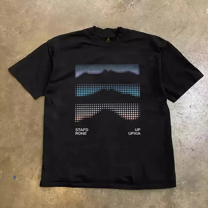 Unisex Dot Matrix Abstract Landscape Graphic T‑Shirt Men Women Gradient Halftone Mountain Street Art Print Tee 100% Cotton Loose Casual Streetwear Short Sleeve T Shirt.