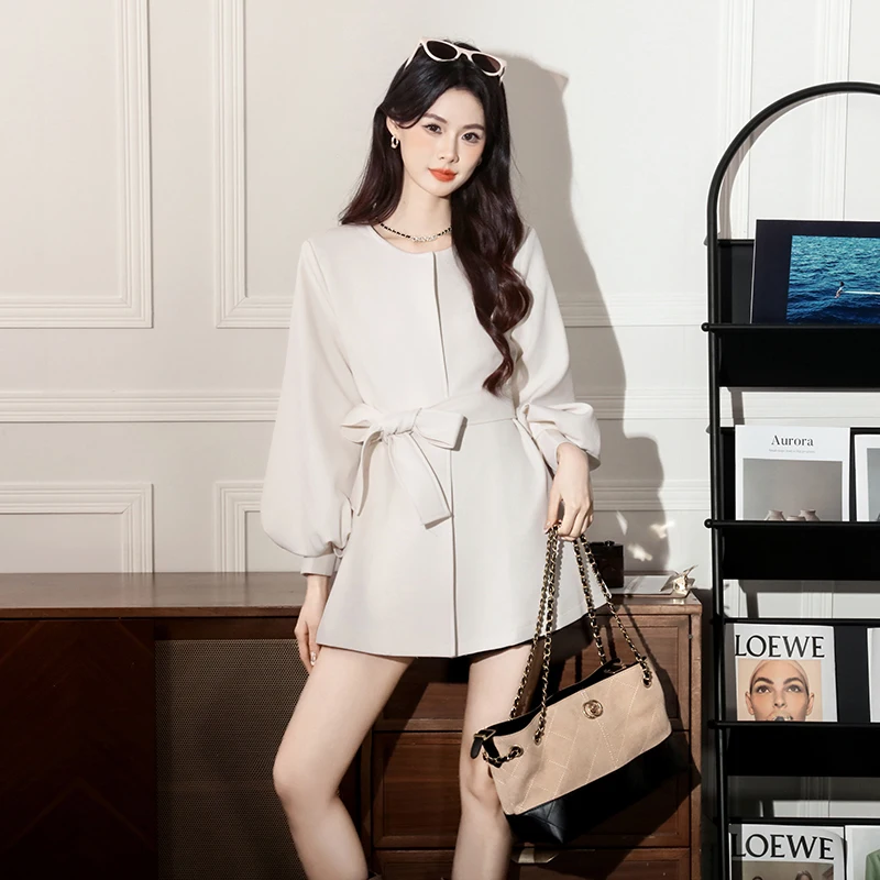 

High Quality Spring Autumn Women's Woolen Jacket Bow Tie Sweet Youthful Style Belted Slimming Small Size Fashion Outerwear 2026