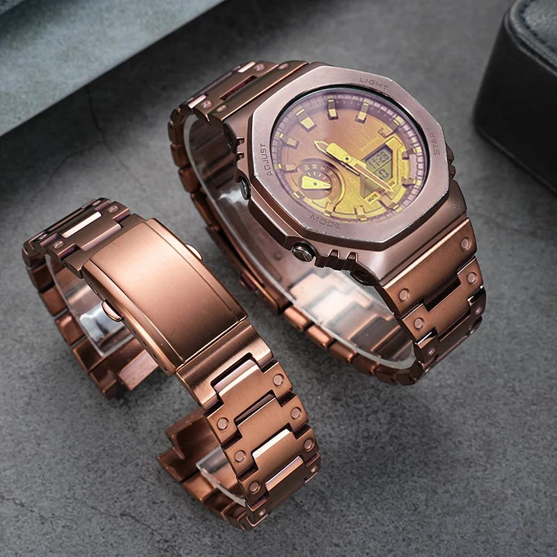 For Casio 5611 GM-2100 GBM-2100 Mod Kit Upgrade Steel Case&watchband GM2100 GBM2100 Octagon oak Metal bezel replacement parts