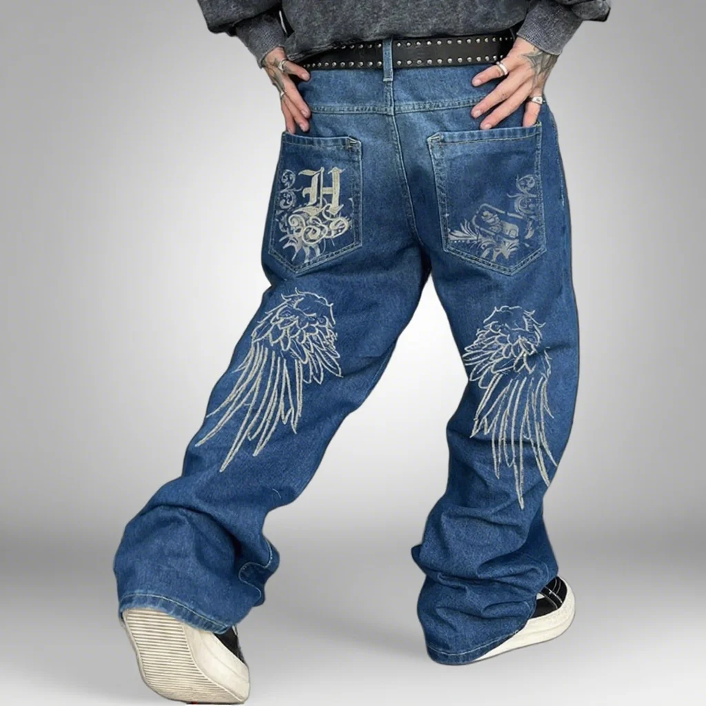 

New Hip-Hop Style Men's Street Fashion Personality Angel Wings Pattern Loose Wide Leg Men Casual Straight Leg Jeans Baggy Pants