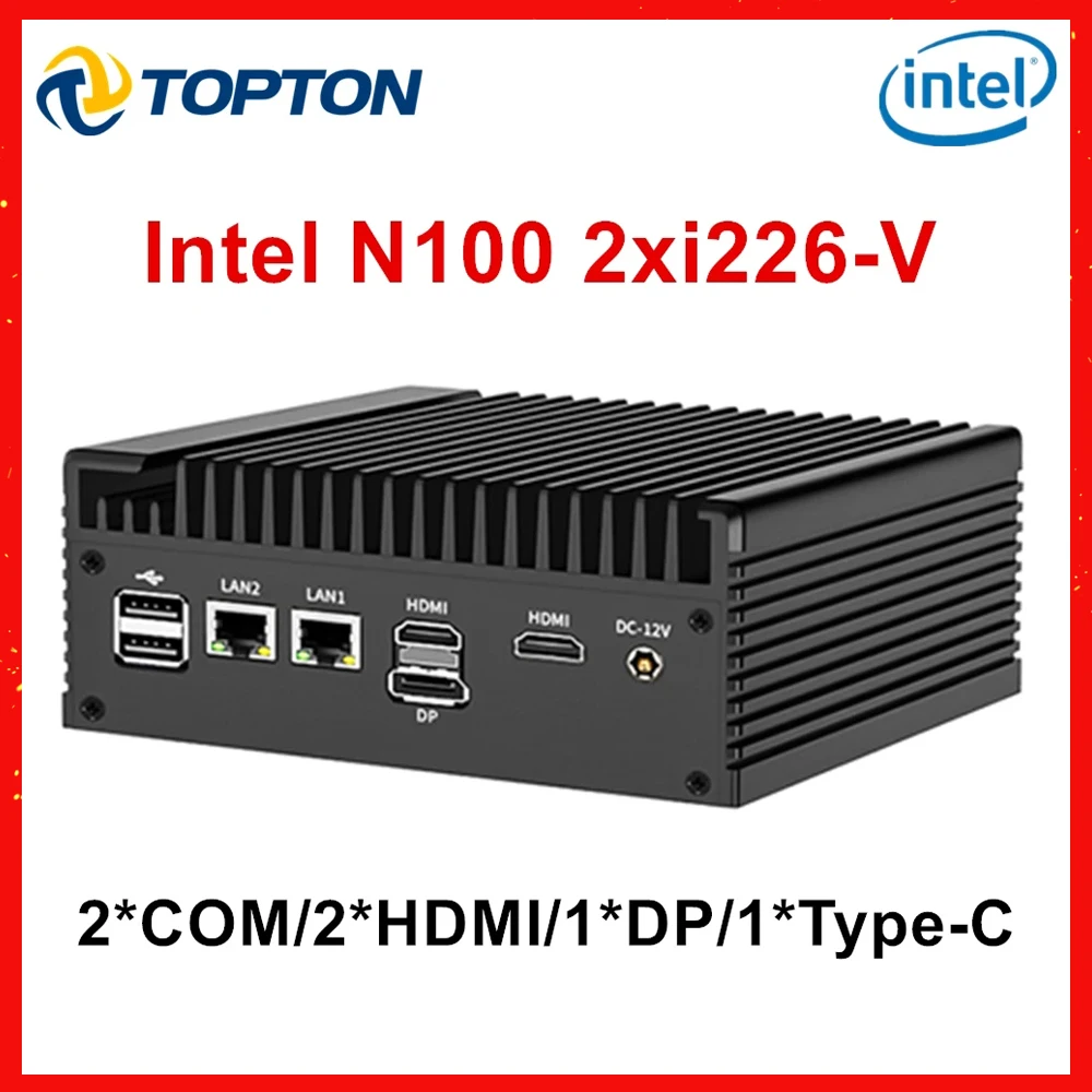 Topton Fanless Mini PC Intel N100 2xi226-V 2.5G 2*COM NVMe 2*HD 1*DP Efficient Cooling Solid Firewall Router Industrial Computer