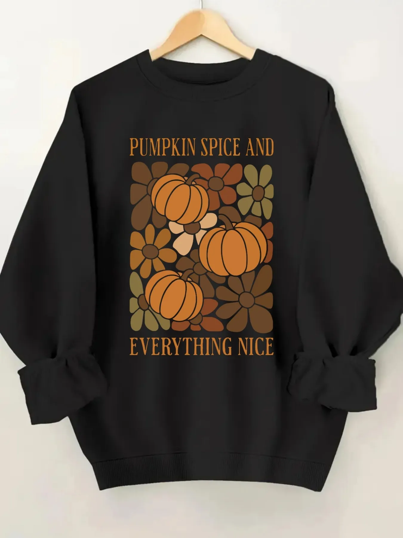 Women's Crew Neck Pullover Sweatshirt Pumpkin Spice Floral Design, Soft Casual Long Sleeve, Daily Casual Top Outfit, Winter Women's Clothing, Thanksgiving Outfit view 2