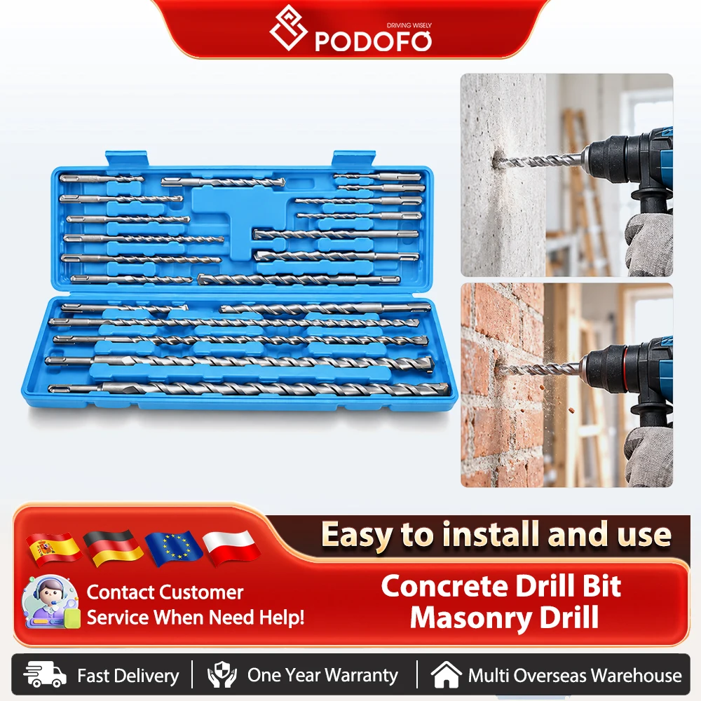 Podofo, punte da trapano per cemento e muratura, sistema SDS Plus, 20 pezzi, 5-20 mm, per trapani SDS/SDS Plus, ideali per praticare fori in cemento, mattoni, pietra e altri materiali duri.