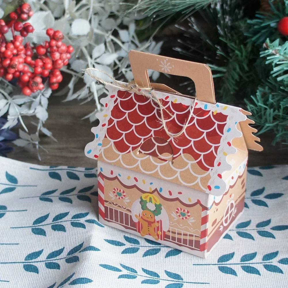 10pcs Christmas Gingerbread House Gift Kraft Paper Box with Rope Tag As Candy Cookie Sweet Packaging Party Favors DIY Use