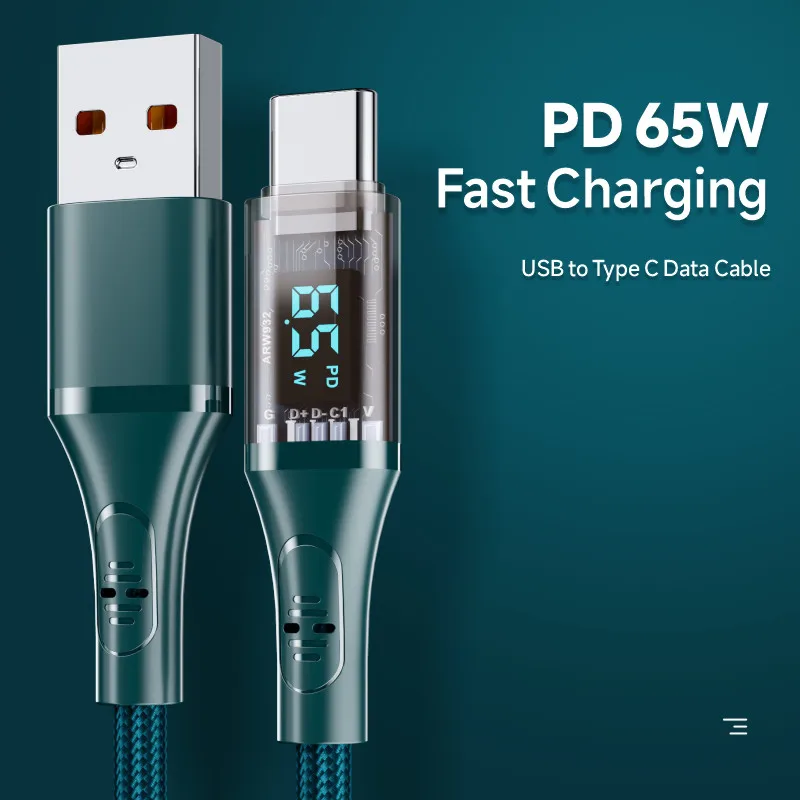 65W 6A Digital Display USB Cable PD Super Fast Charging USB to Type C Cable Phone Charger Cable For HUAWEI Xiaomi Samsung