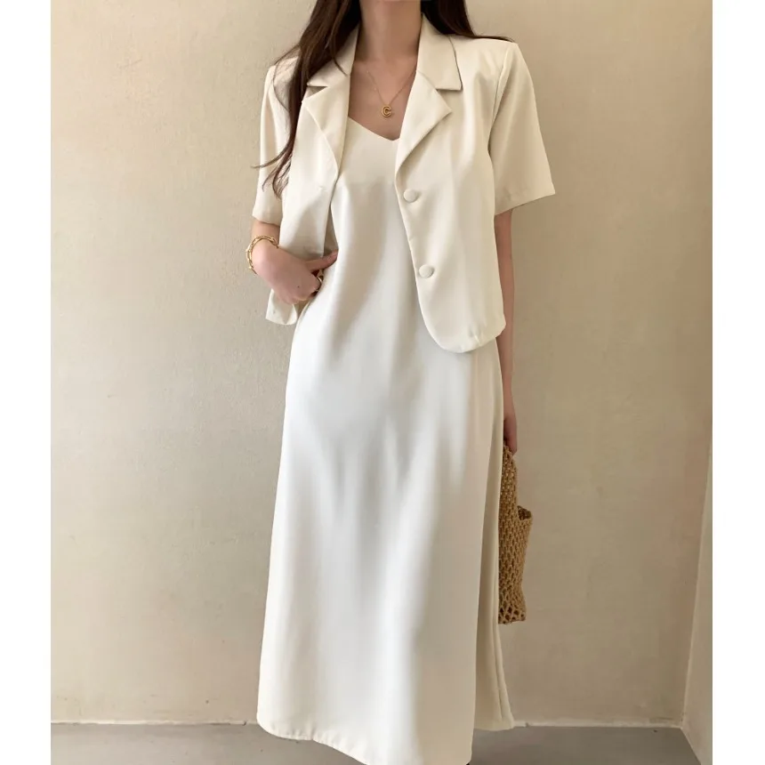 Summer Simple Unique Outerwear Top Strap Dress Two-Piece Set Casual Style Short Sleeve Hoodie Winter Fashion Women's Set