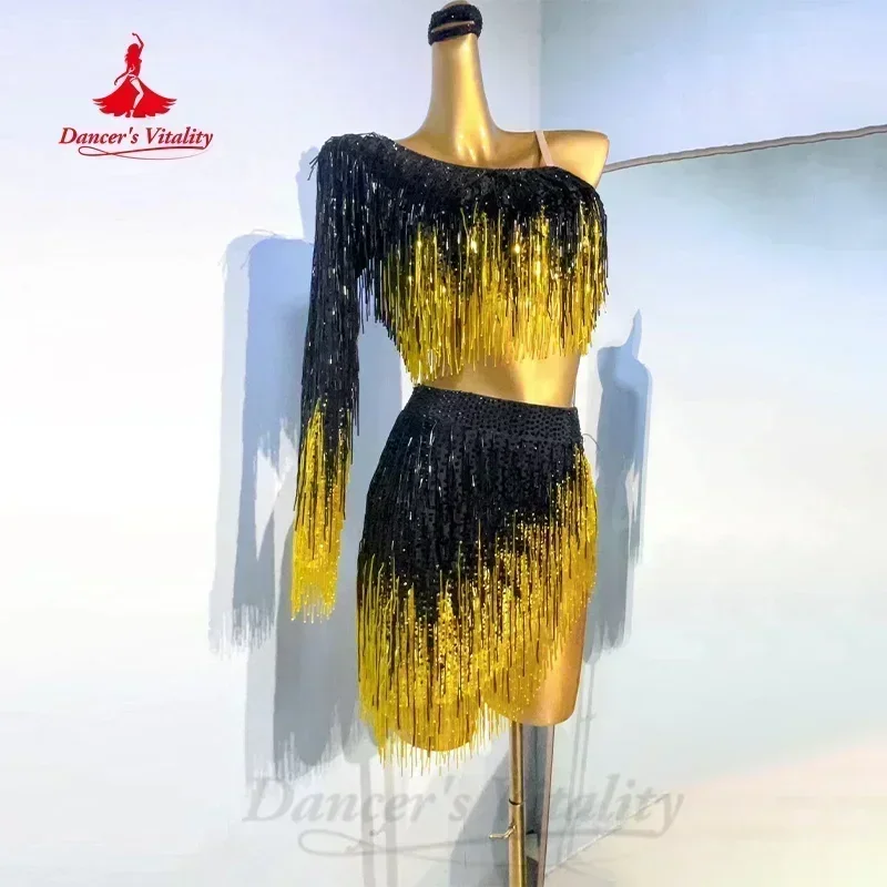 

Latin Dance Costume Women Customized Senior AB Stones Gradient Fringe Suit for Adult Children Professional Competition Clothing