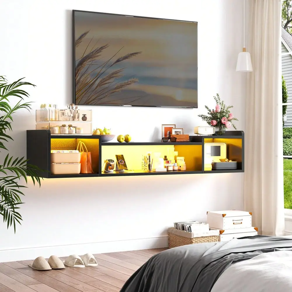 55.1 W Modern Floating TV Stand With LED Lights Power Outlets, Wall Mounted Media Console For 5060 Inch TVs, Entertainment Cent