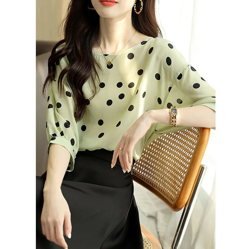 Fashion Printed Polka Dot Lantern Sleeve Oversized Chiffon Blouse Summer Casual Pullovers Loose Commute Women\'s Clothing Shirt