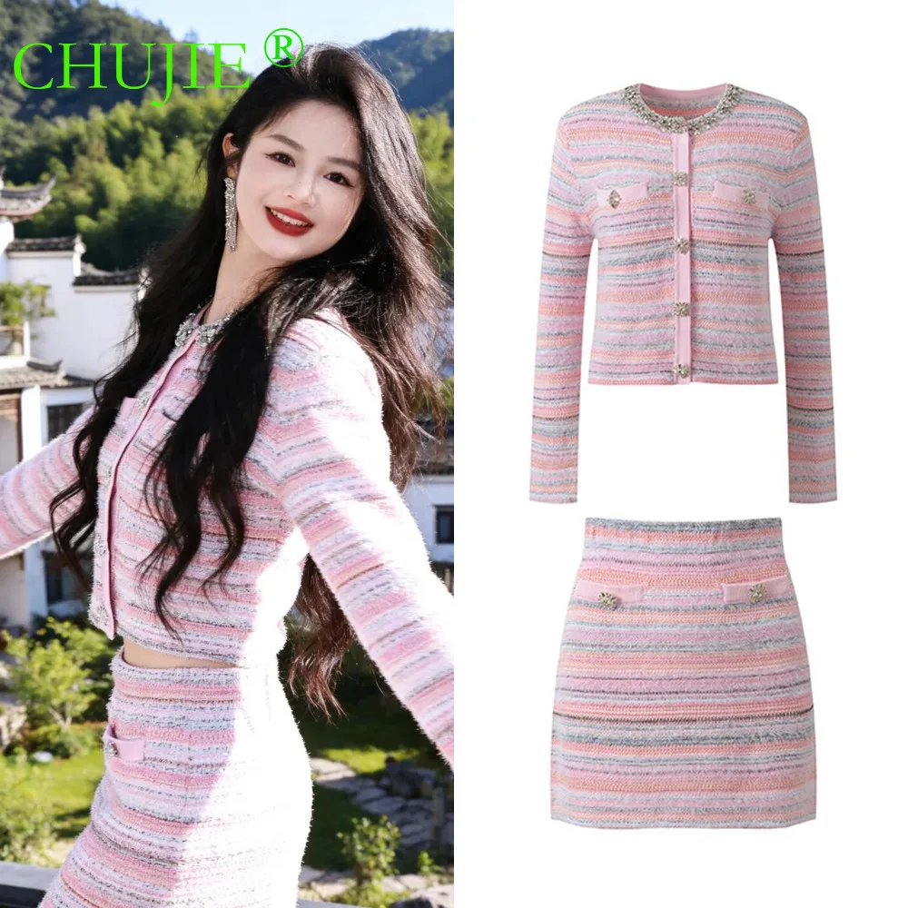

CHUJIE 2026 Summer New French Style Diamond Embellished Crew Neck Slim-Fit Knit Short Cardigan Top + Skirt Set