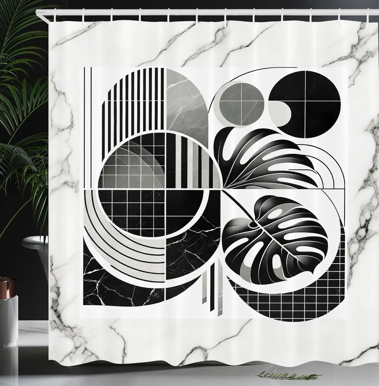 

Black and White Shower Curtain, Mid Century Modern Geometric Shapes Monstera Leaf on Minimal Marble Print, Cloth Fabric Bathroom