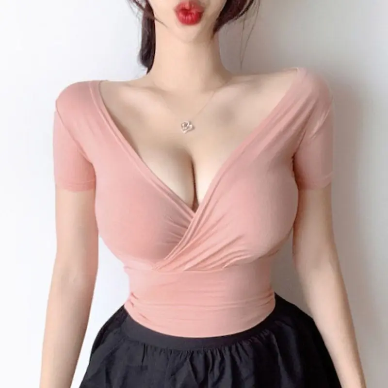 Summer New Solid Color Fashion Short Sleeve T-shirt Women High Street Casual Slim Pullovers Sexy V-neck Korean Style Chic Tops