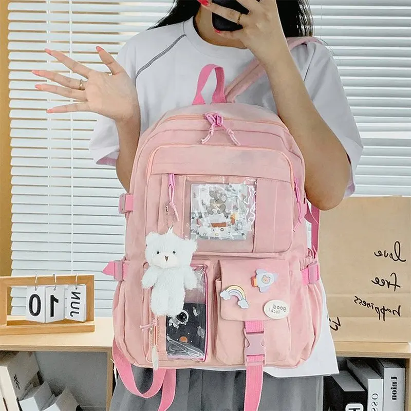 Kawaii Backpack for Girls Cute Nylon School Bag with Plush Bear Pendant Multi-Pocket Student Bookbag Casual Daypack Mochila
