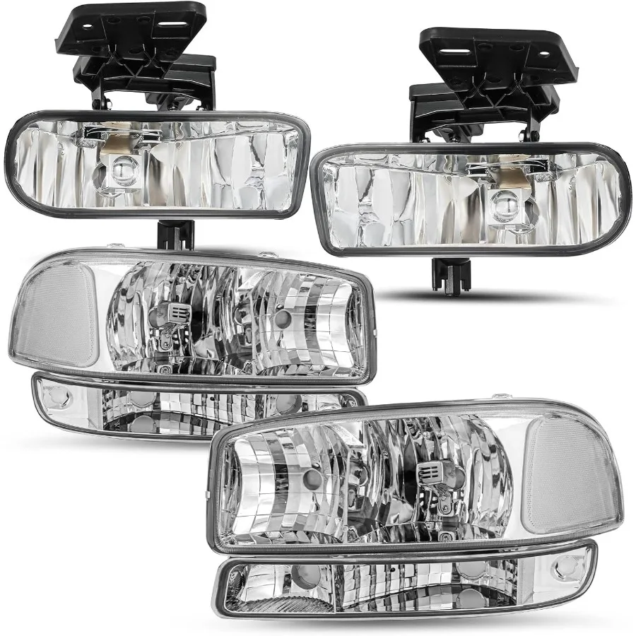 

6 шт. для GMC Sierra 00-06 Yukon 1999-2002 годов в сборе фары и противотуманных фар + парковая/сигнальная фара левая + правая с лампочками (хромированный корпус)